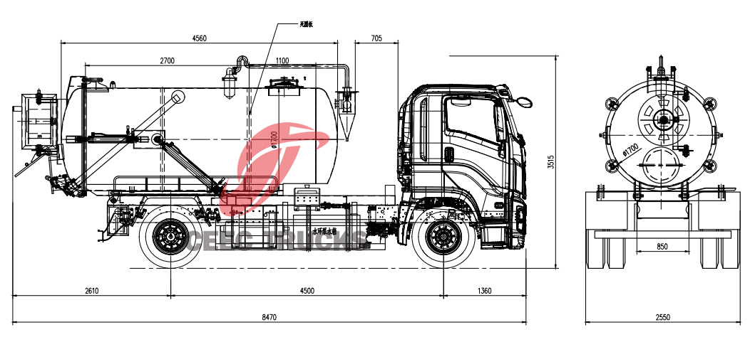 Technical drawing of Isuzu VC61 Hydro Jetting Drain Cleaning truck