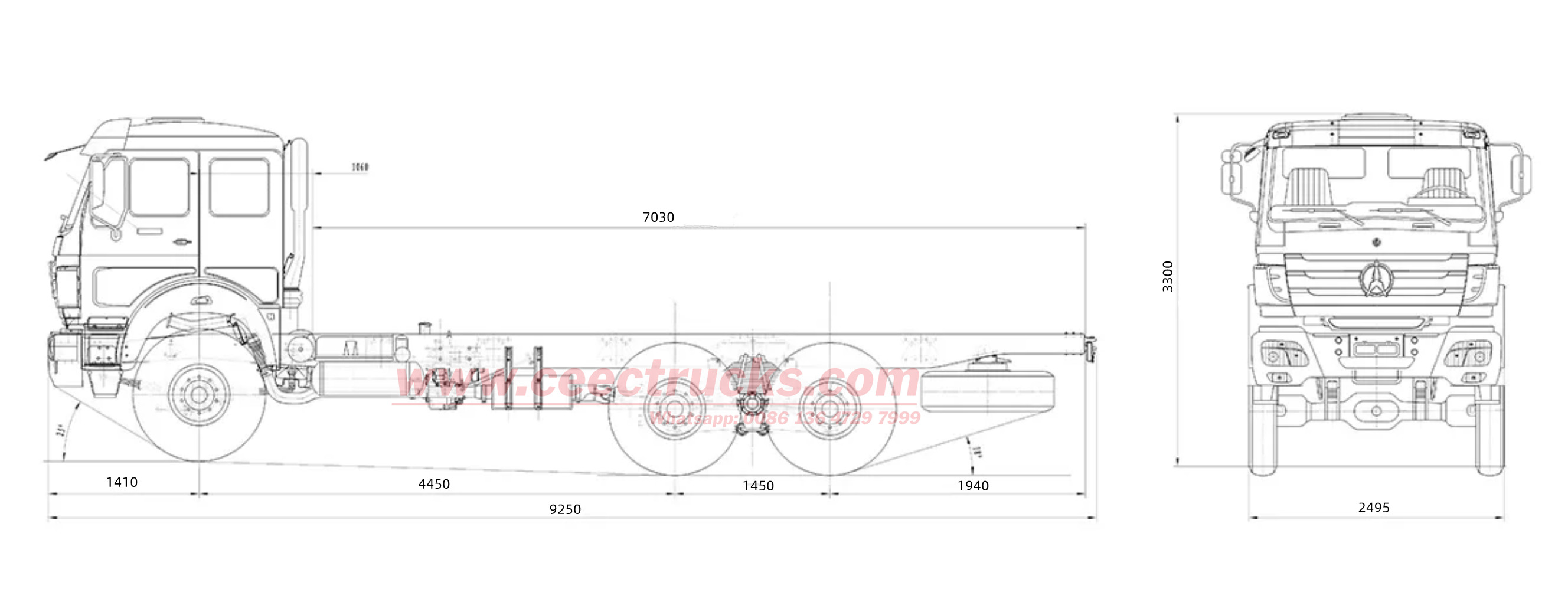 Technical drawing of Beiben NG80B 2642 All Wheel Driving 6x6 Cargo Truck Chassis