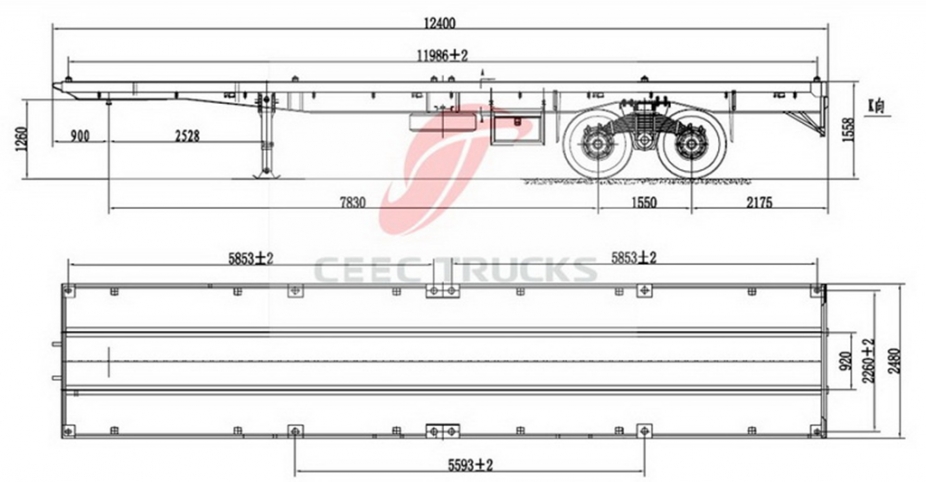 2 axle bogie suspension skeleton trailer 50T